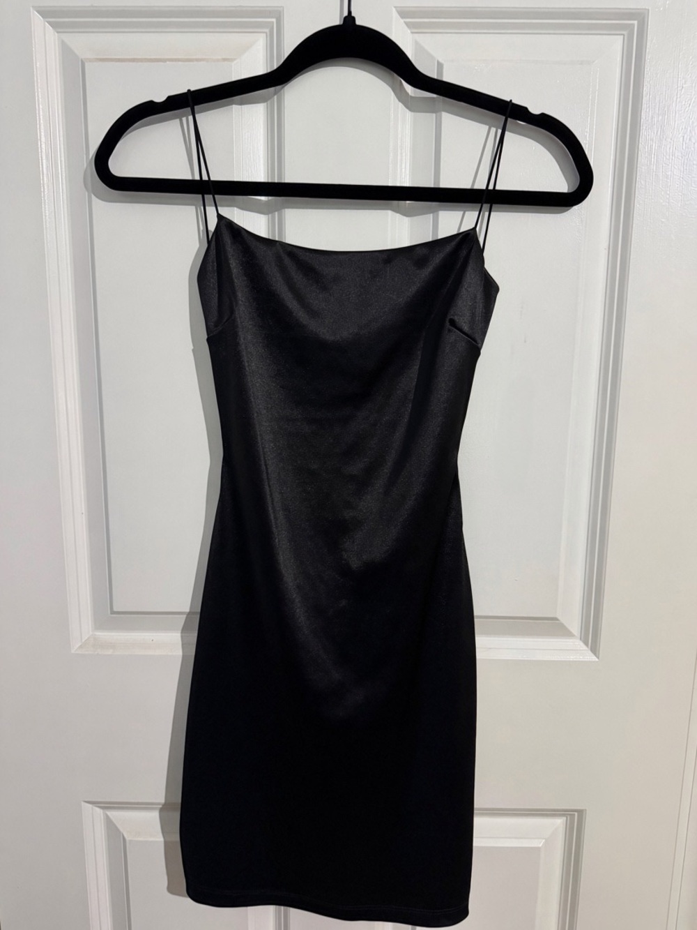 Windsor Black Satin Mini Slip Dress with Double Spaghetti Straps